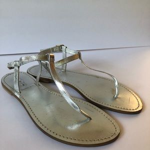 JCrew Made in Italy Silver T strap Flat Sandals 9